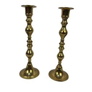 Pair Of Vintage Brass Candlestick Holders Handcrafted In India 9.5" Tall